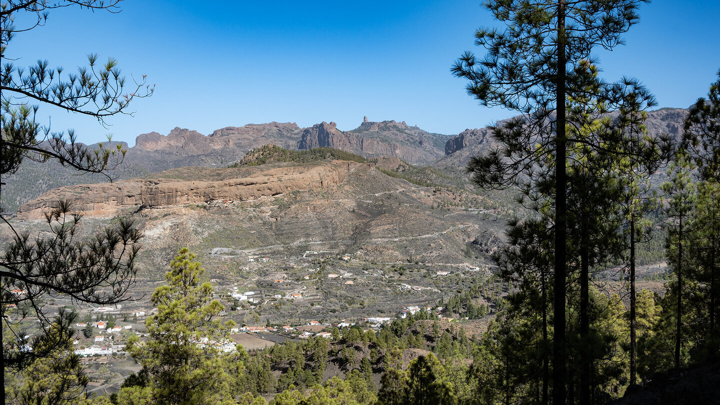 Der Ort Cercados de Araña vor dem Bergpanorma mit Roque Nublo.