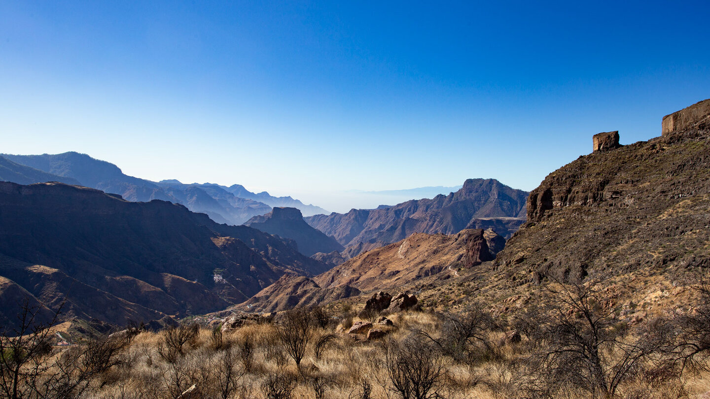 Wanderpfad am Fuße des Roque Bentayga mit Ausblick über die Chorrillo-Schlucht.