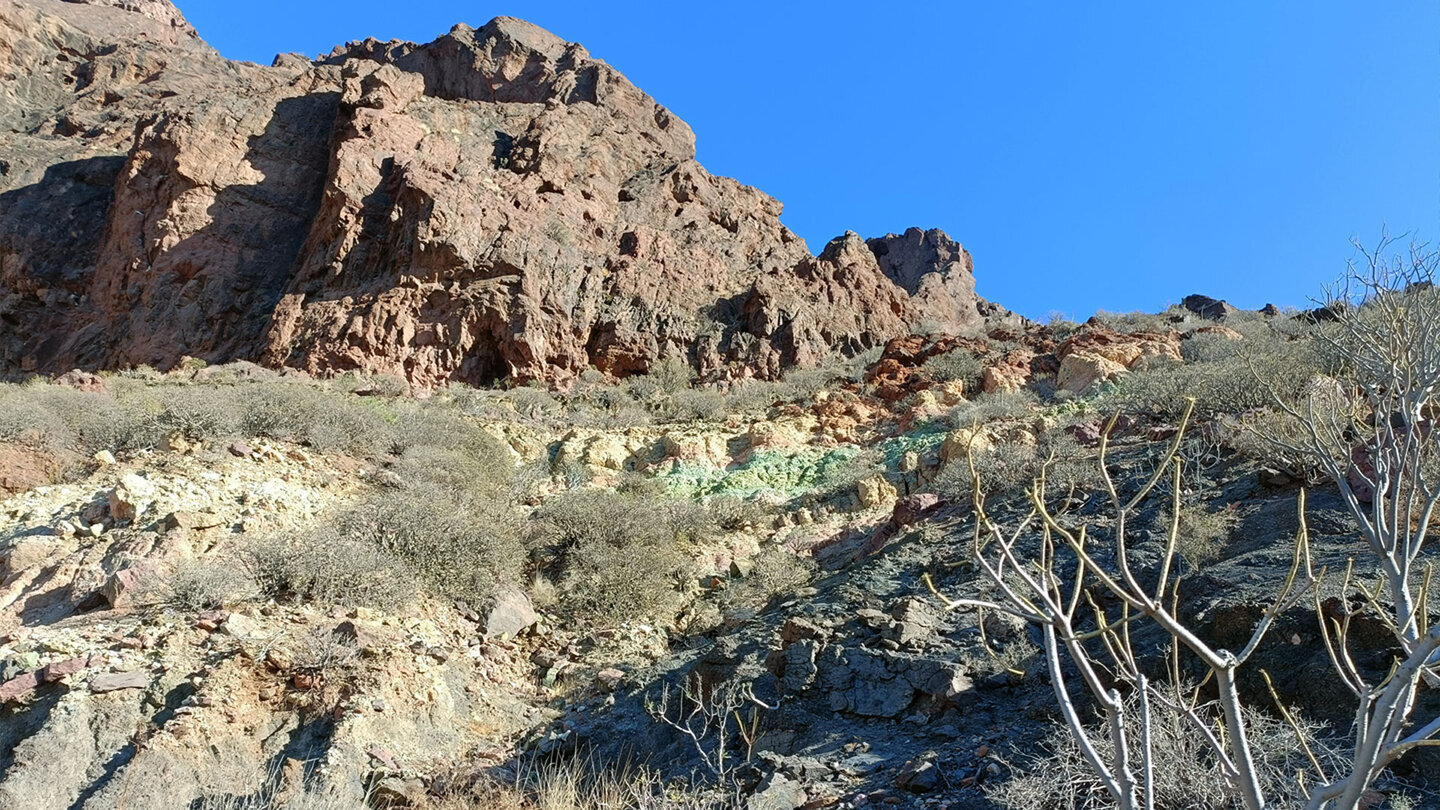 Farbige Felsformationen beim Aufstieg Richtung Montaña del Viso.