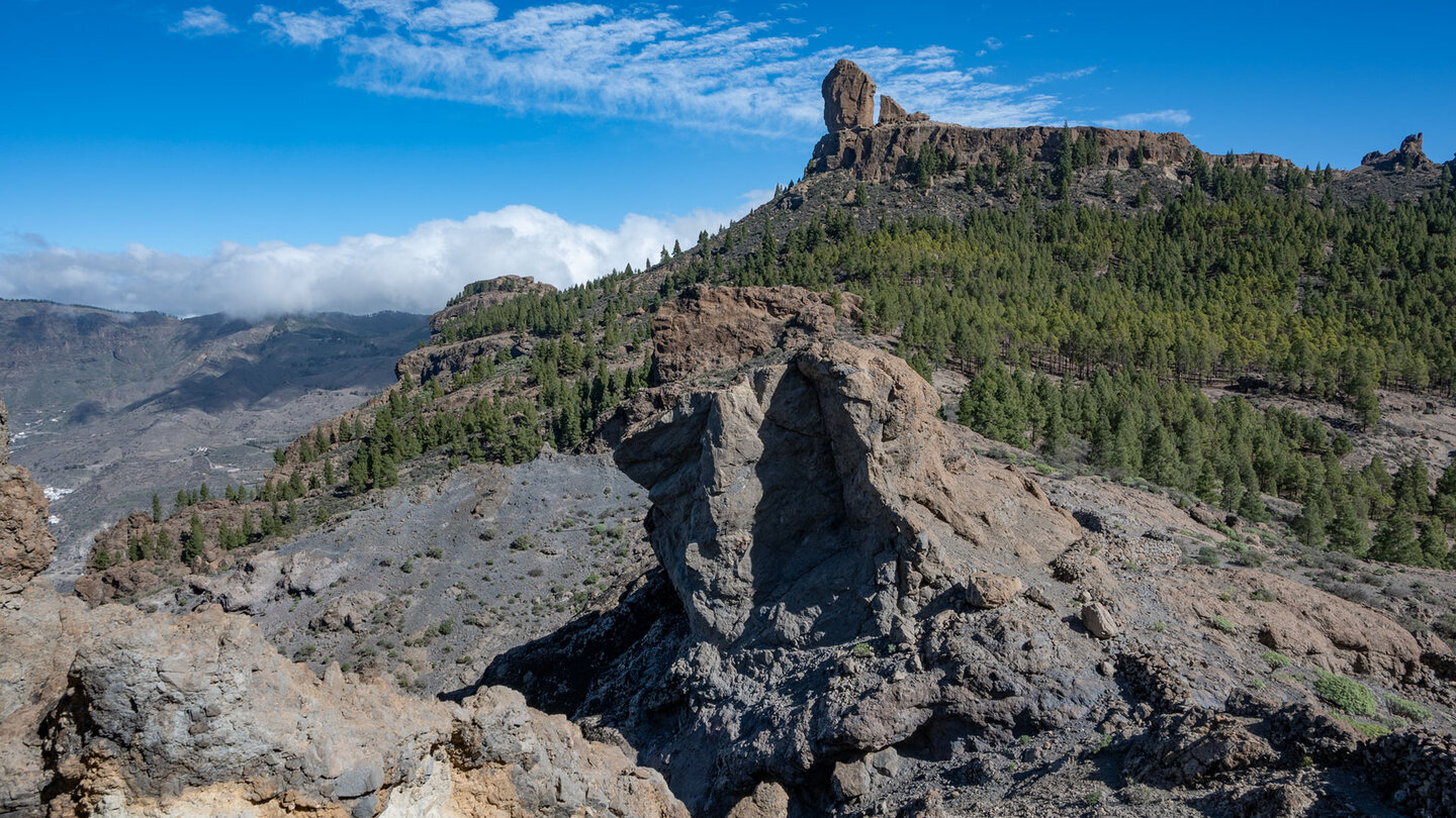 Der Blick fällt auf das mächtige Felsplateau des Roque Nublo – ein Wahrzeichen Gran Canarias