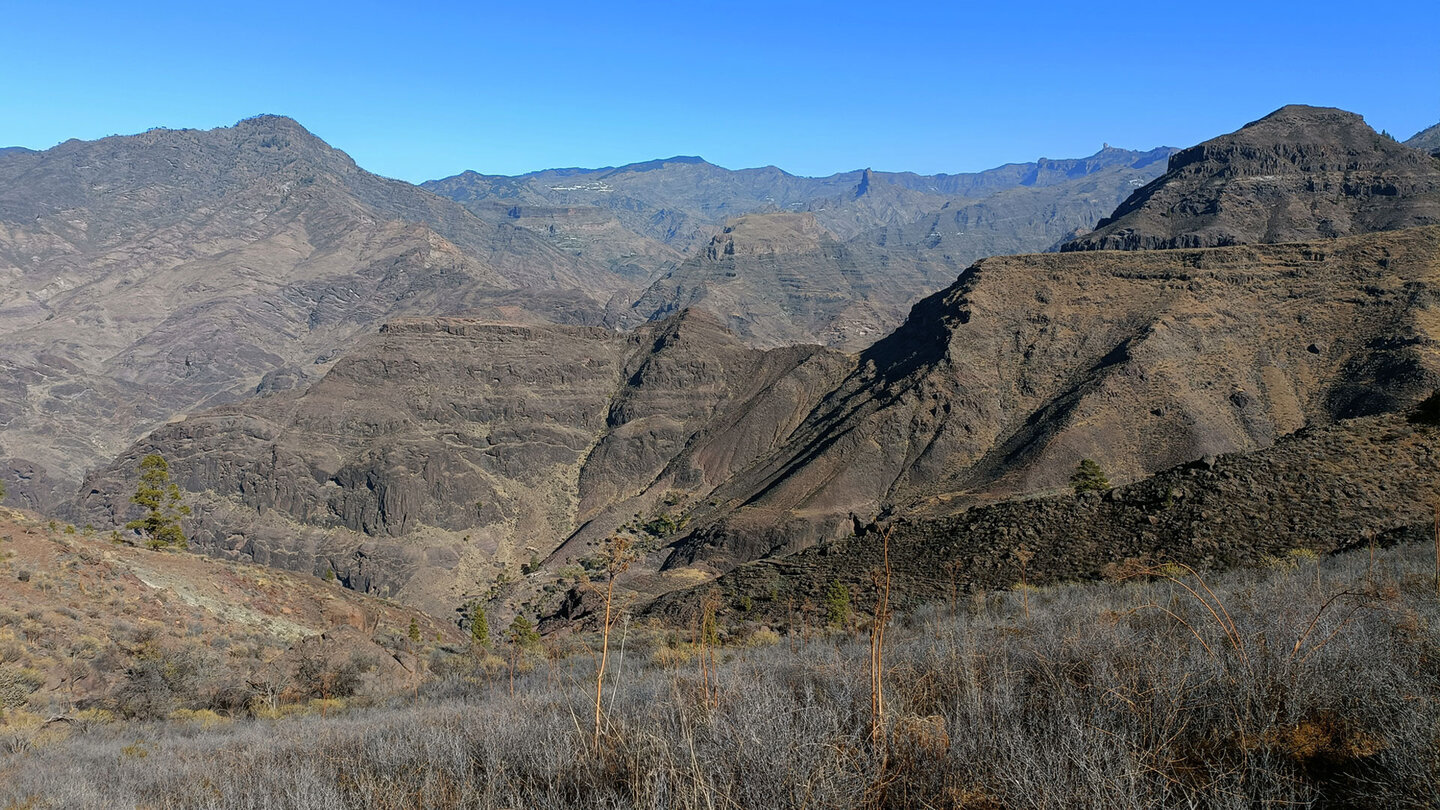 Der Ausblick über Berge und Schluchten Gran Canarias reicht bei klarer Sicht bis zum Roque Nublo.