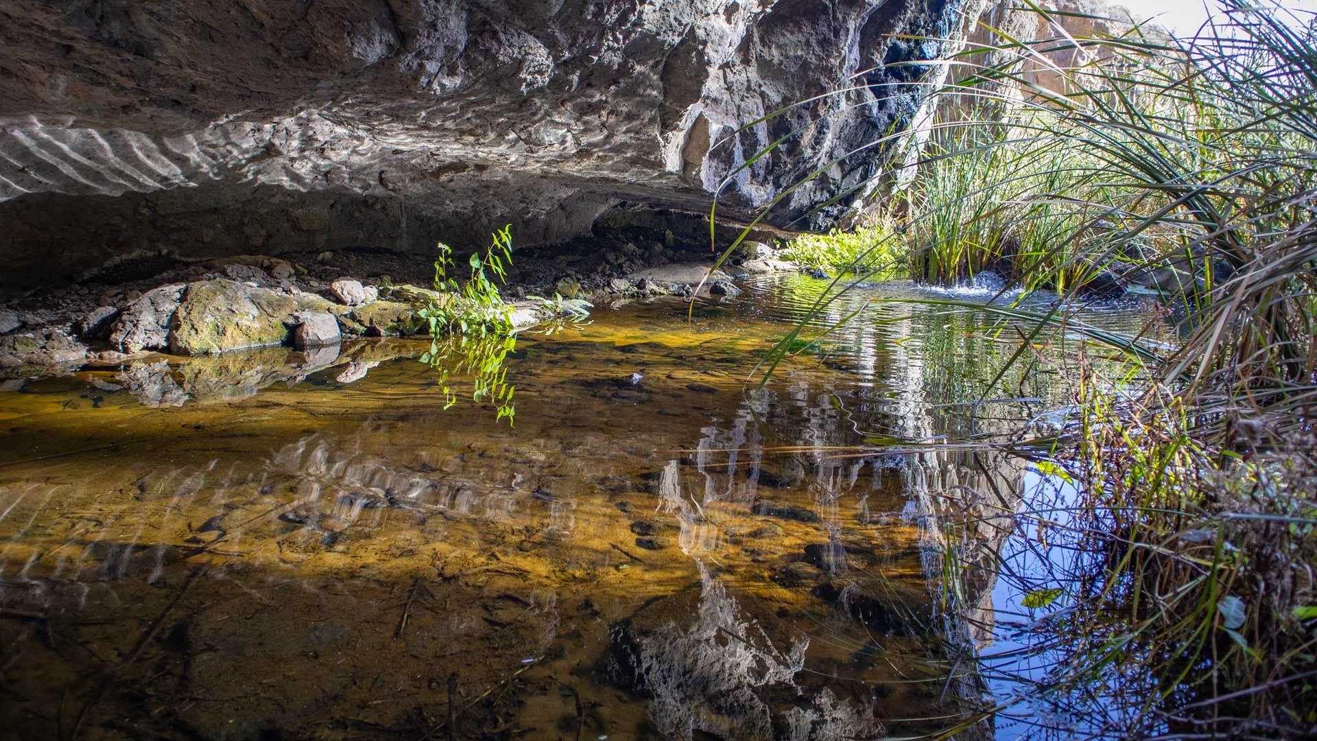 Die obere Fallstufe der Cascada de Soria bildet ein natürliches Biotop mit einem Wasserbecken.