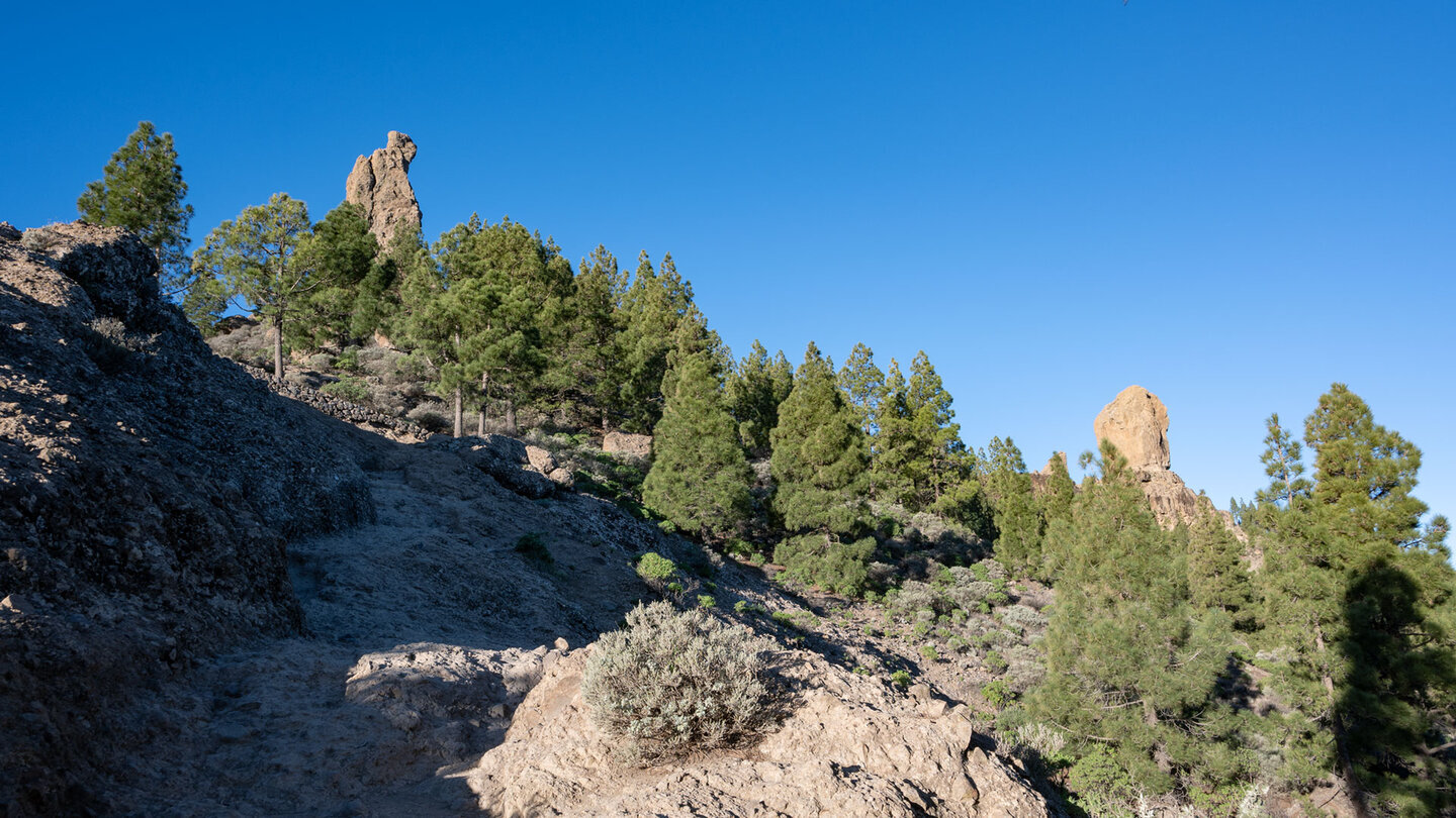 Der Wanderweg bietet Blick auf El Fraile links und den Roque Nublo rechts.