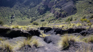 Der Wanderweg schlängelt sich über dunkle Lapilliflächen zum Grund der Caldera de Bandama.