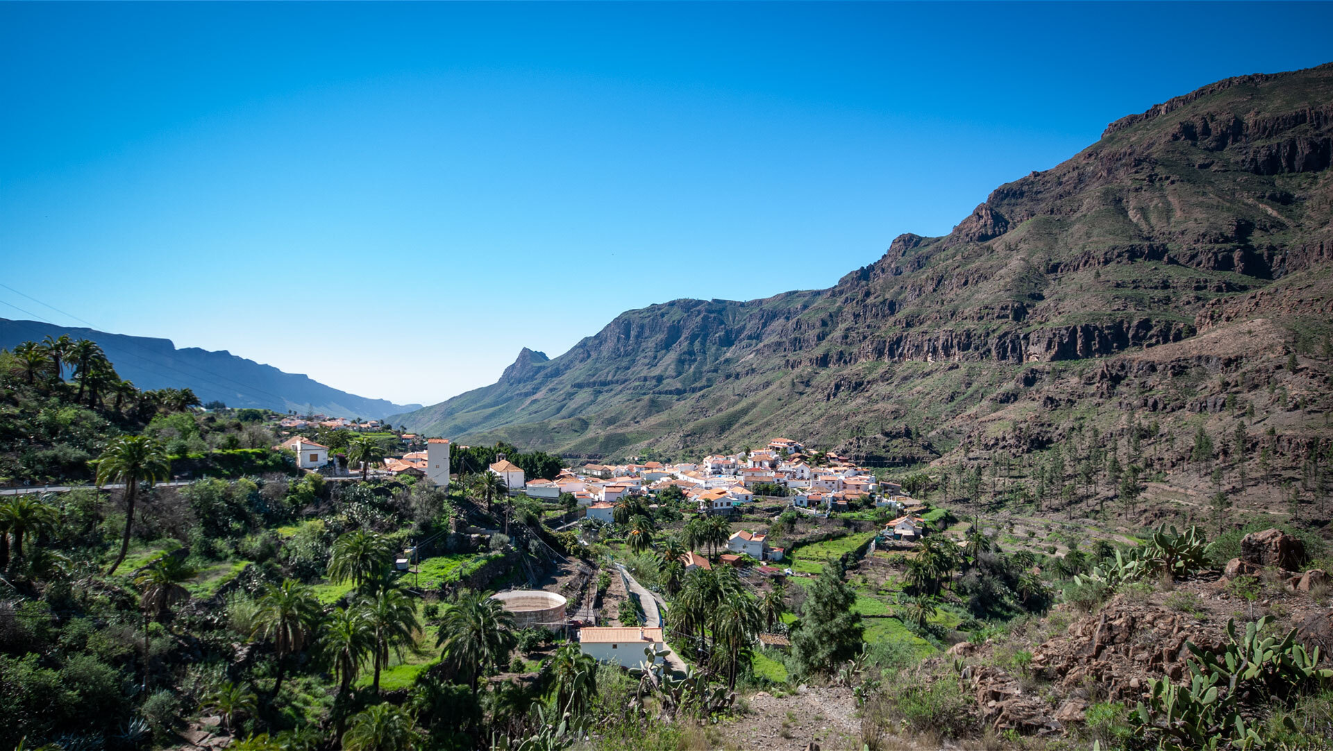 Blick über Fataga im Barranco de Fataga – das weiße Oasendorf mit Palmenhain auf dem Weg in den Süden.