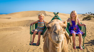Kamelreiten mit Kindern durch die Dunas de Maspalomas – ein Ritt durch Sandberge, der kleine Abenteurer begeistert.