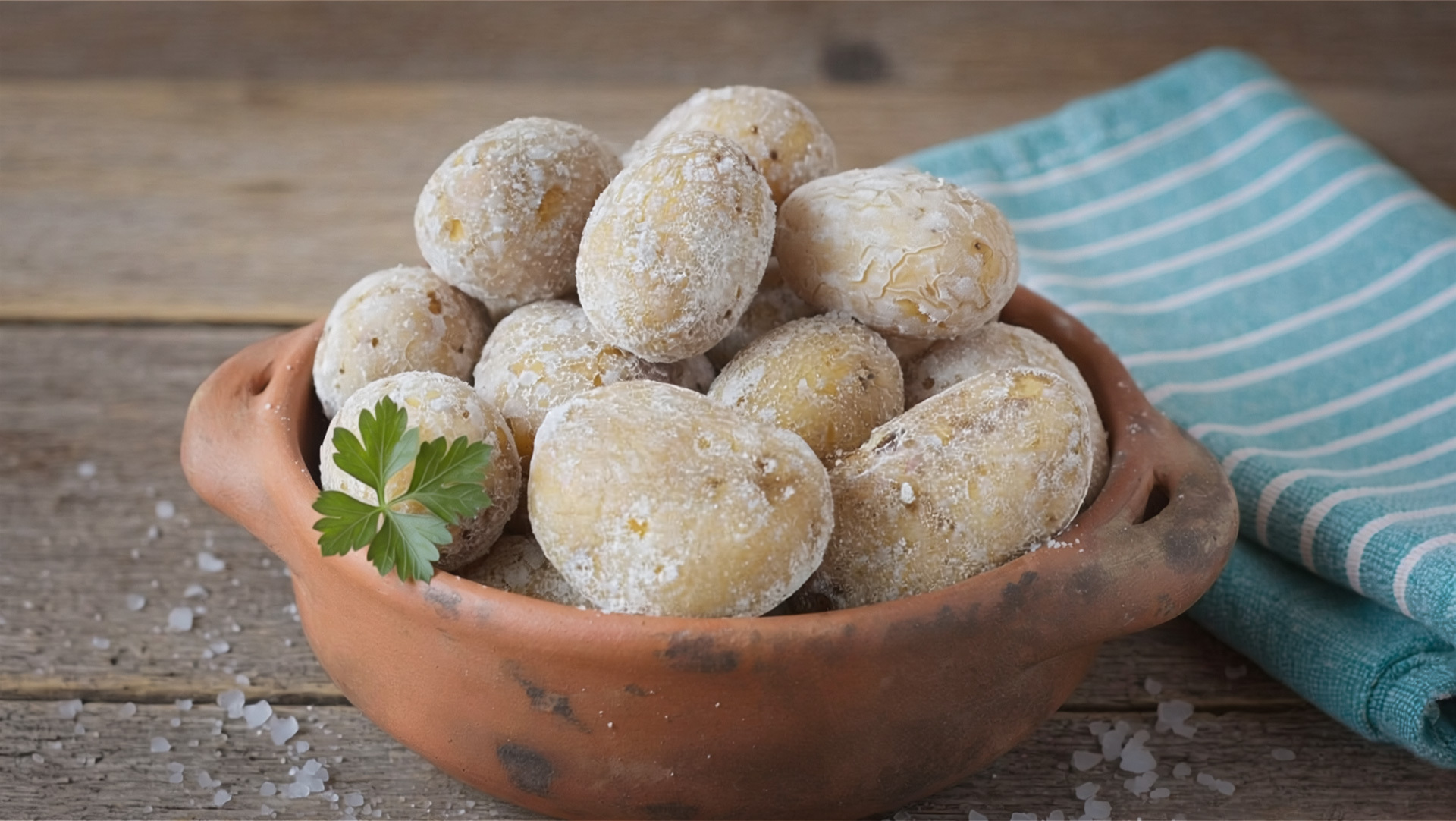 Papas Arrugadas – kleine, in Salzwasser gegarte Runzelkartoffeln, der Inbegriff kanarischer Küche in ihrer einfachsten Form.
