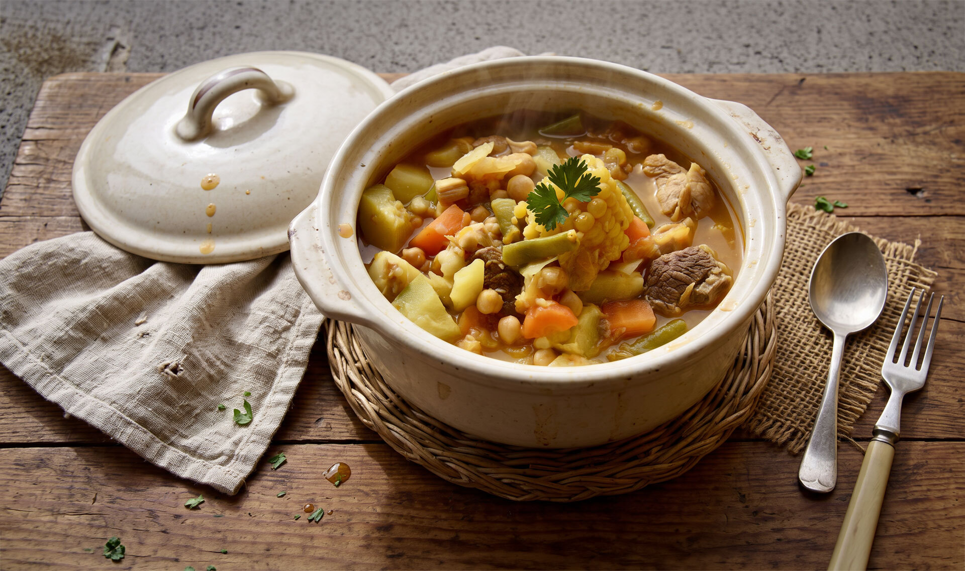 Puchero Canario – ein deftiger Eintopf aus Fleisch, Gemüse und Kichererbsen, der die traditionelle Hausmannskost der Kanaren verkörpert.