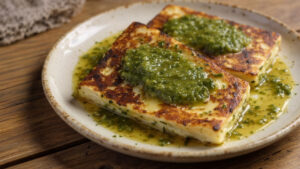 Queso asado a la plancha con mojo verde ist gebratener Käse, der traditionell mit grüner Mojo-Sauce serviert wird.