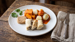 Sancocho Canario – gepökelter Fisch, gegart mit Kartoffeln und Süßkartoffeln, ein deftiges Traditionsgericht der Kanaren.