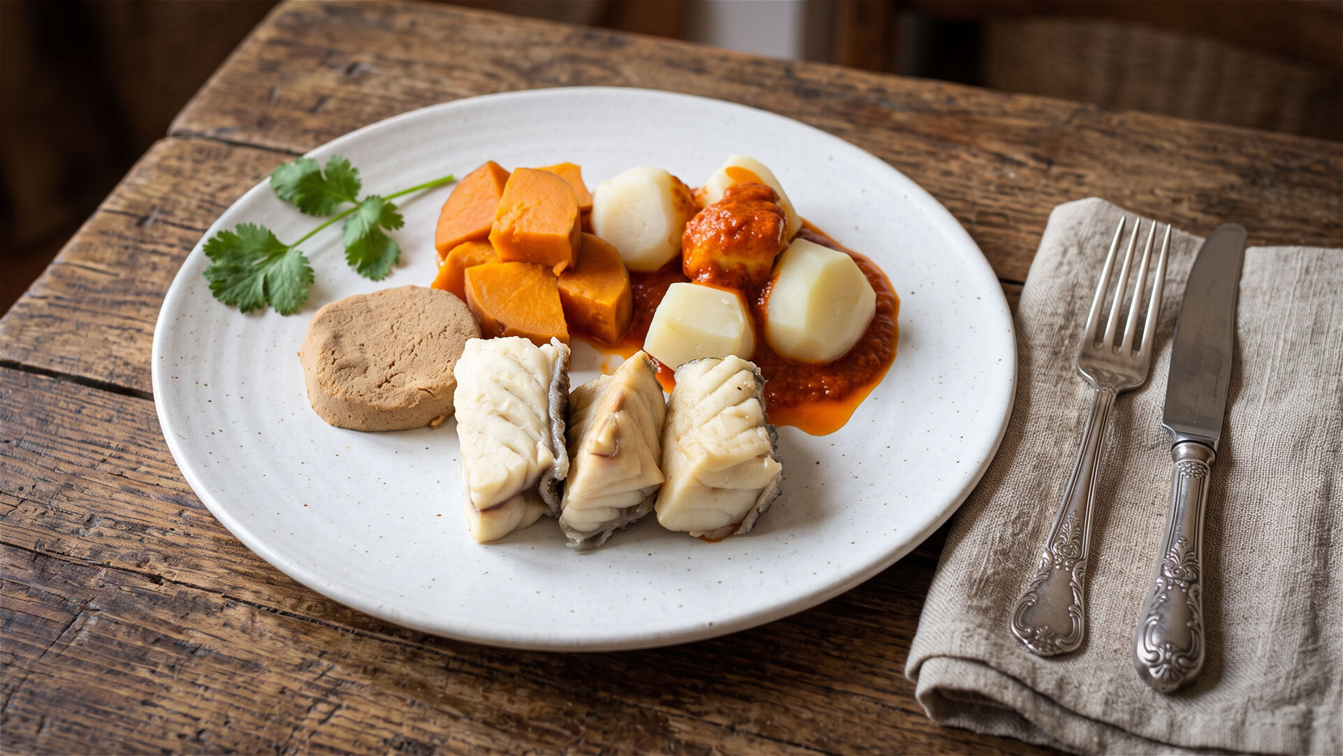 Sancocho Canario – gepökelter Fisch, gegart mit Kartoffeln und Süßkartoffeln, ein deftiges Traditionsgericht der Kanaren.